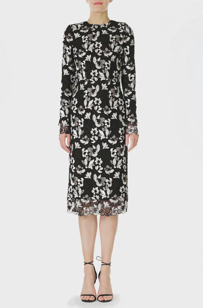 Monique Lhuillier Spring 2025 long sleeve sheath dress in noir silk white floral lace - video.