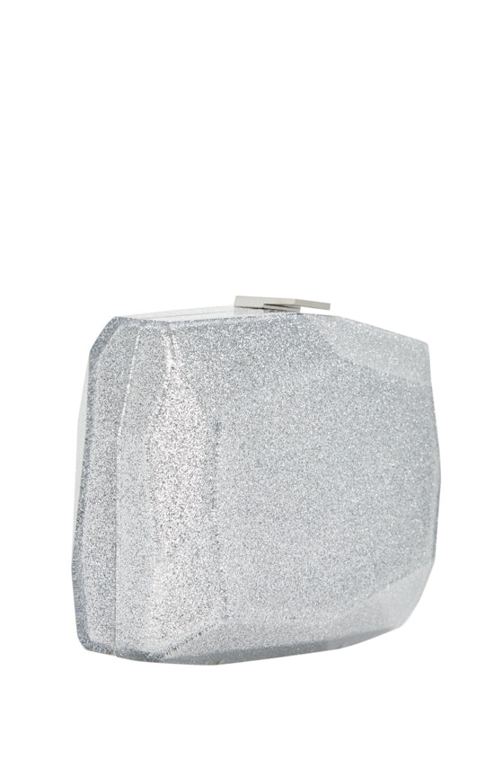 Silver lucite faceted glitter minaudiere.