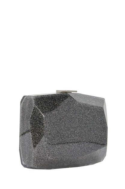 Lucite faceted minaudière with silver metal clasp at top in Noir confetti glitter- side