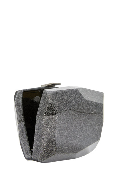 Lucite faceted minaudière with silver metal clasp at top in Noir confetti glitter- open