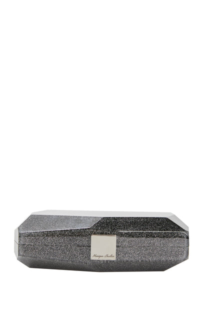 Lucite faceted minaudière with silver metal clasp at top in Noir confetti glitter- flat