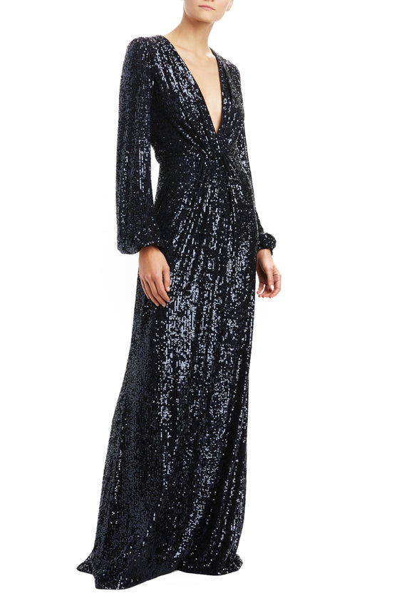 Navy Sequin Plunging V-Neck Gown
