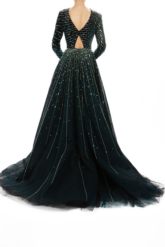 Embroidered Velour Ball Gown