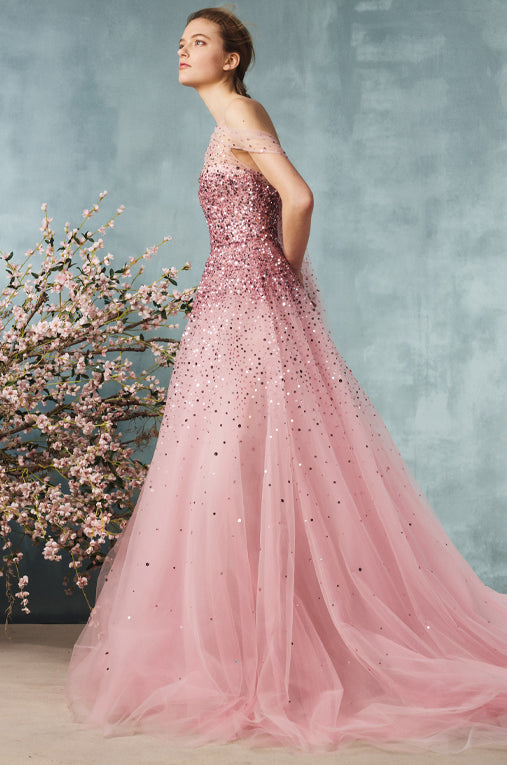 Embroidered Draped Bodice Ball Gown