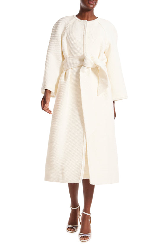 Monique Lhuillier silk white wool jacquard coat with belt.
