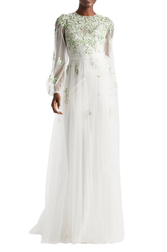 Jewel Neck Puff Sleeve Embroidered Tulle Gown Monique Lhuillier