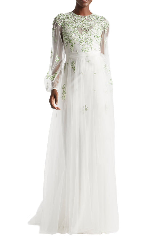 Monique Lhuillier Jewel Neck Puff Sleeve Embroidered Tulle Gown