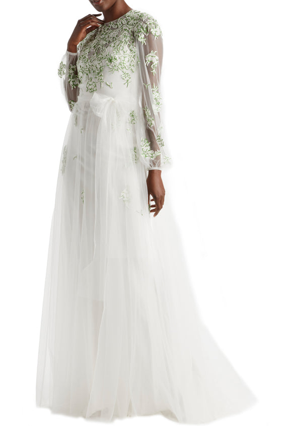 Monique Lhuillier Jewel Neck Puff Sleeve Embroidered Tulle Gown