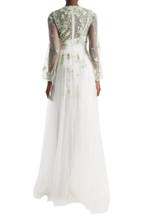 Monique Lhuillier Jewel Neck Puff Sleeve Embroidered Tulle Gown