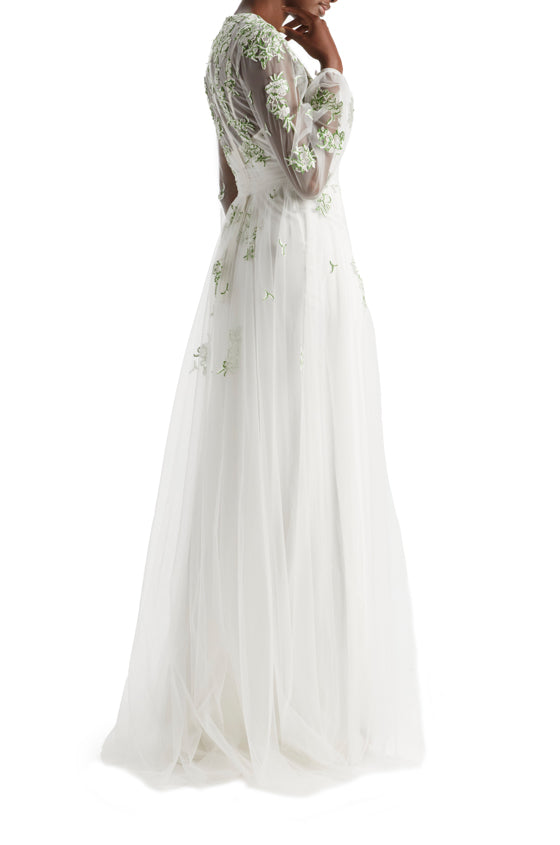 Monique Lhuillier Jewel Neck Puff Sleeve Embroidered Tulle Gown