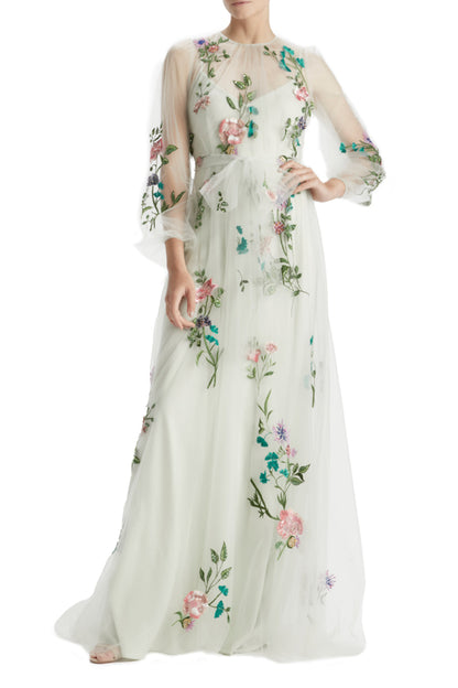 Jewel Neck Puff Sleeve Embroidered Tulle Gown