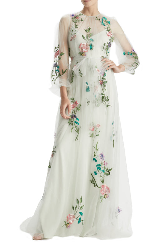 Jewel Neck Puff Sleeve Embroidered Tulle Gown