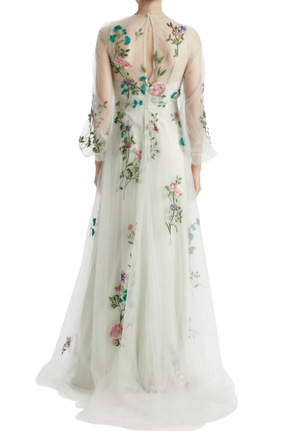 Jewel Neck Puff Sleeve Embroidered Tulle Gown
