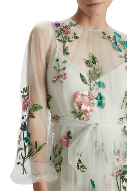 Jewel Neck Puff Sleeve Embroidered Tulle Gown
