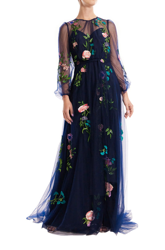 Navy Jewel Neck Puff Sleeve Embroidered Tulle Gown
