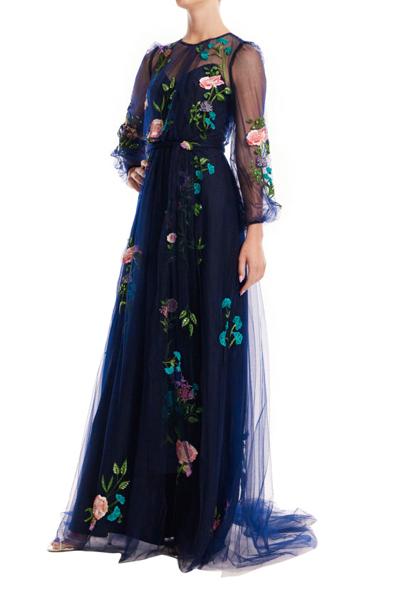 Navy Jewel Neck Puff Sleeve Embroidered Tulle Gown