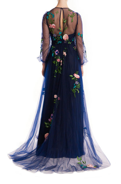 Navy Jewel Neck Puff Sleeve Embroidered Tulle Gown