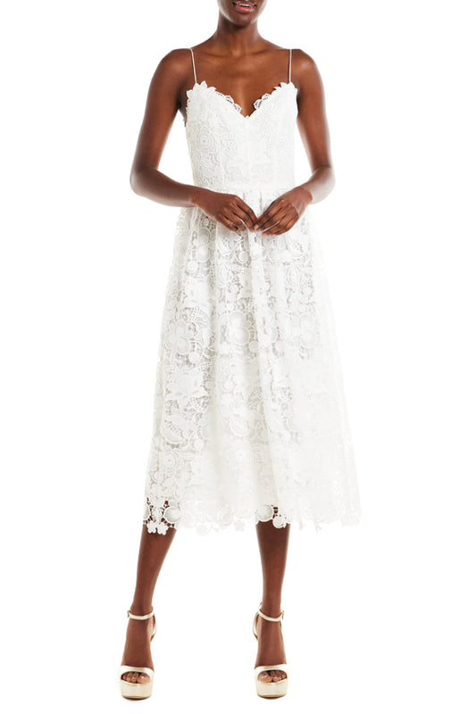 Monique Lhuillier Silk White Guipure Lace Tea Length Dress