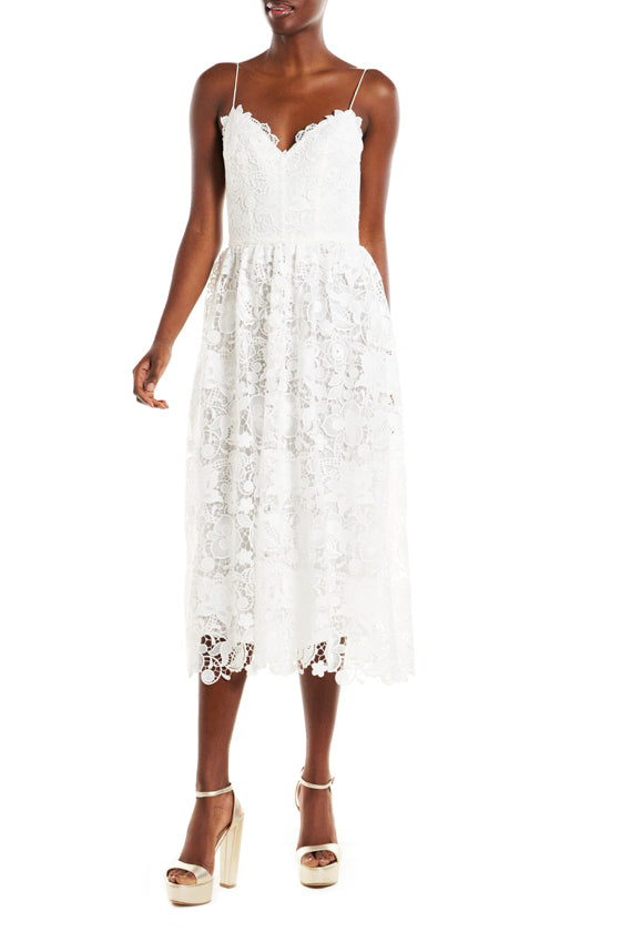 Monique Lhuillier Silk White Guipure Lace Tea Length Dress