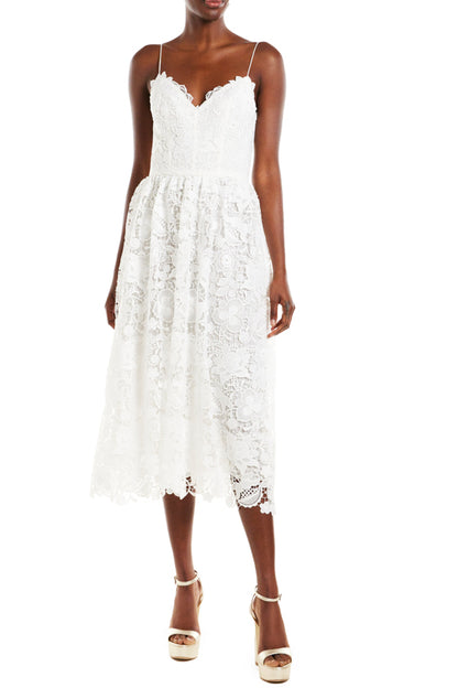 Monique Lhuillier Silk White Guipure Lace Tea Length Dress