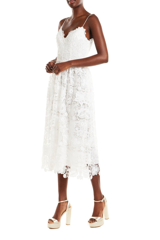 Monique Lhuillier Silk White Guipure Lace Tea Length Dress