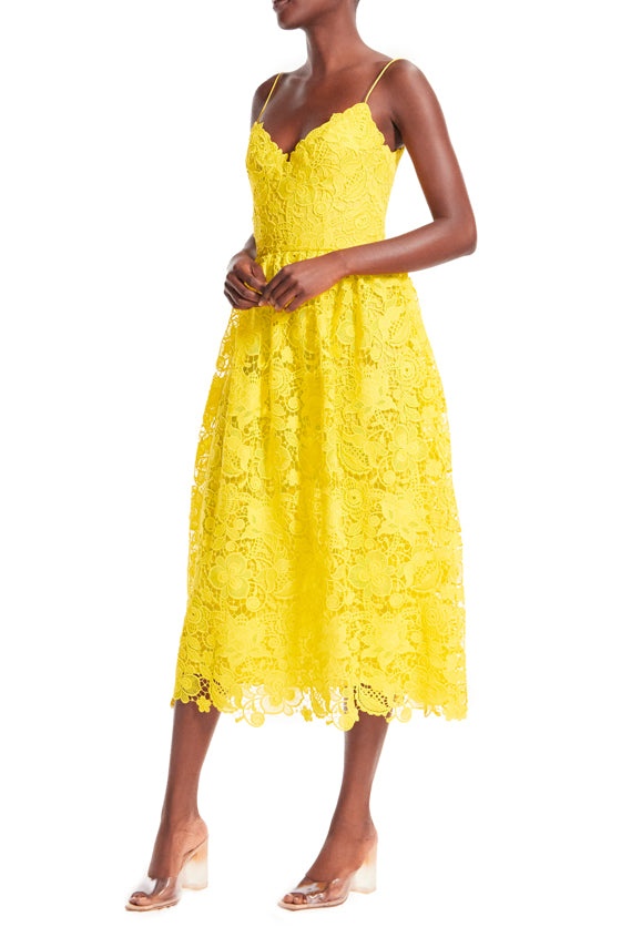 Monique Lhuillier yellow guipure lace tea length dress.