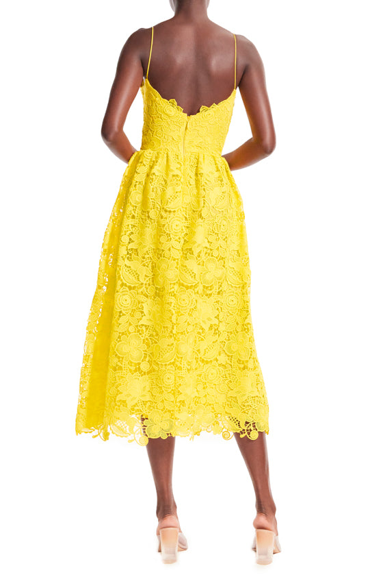 Monique Lhuillier yellow guipure lace tea length dress.