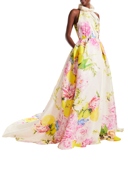 Monique Lhuiillier High Neck Sleeveless Floral Ball Gown