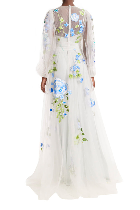 Ml monique lhuillier embroidered discount tulle long sleeve gown