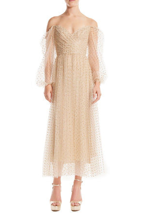 Dotted Tulle Off-the-Shoulder Tea Length Dress