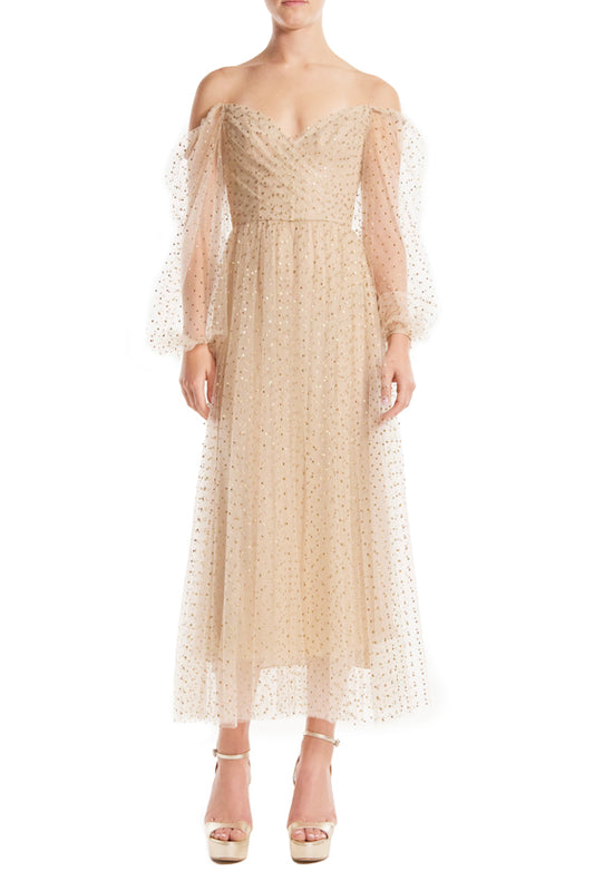Monique Lhuillier Dotted Tulle Off-the-Shoulder Tea Length Puff Sleeve Dress
