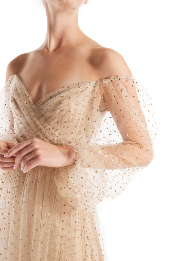 Dotted Tulle Off-the-Shoulder Tea Length Dress – Monique Lhuillier