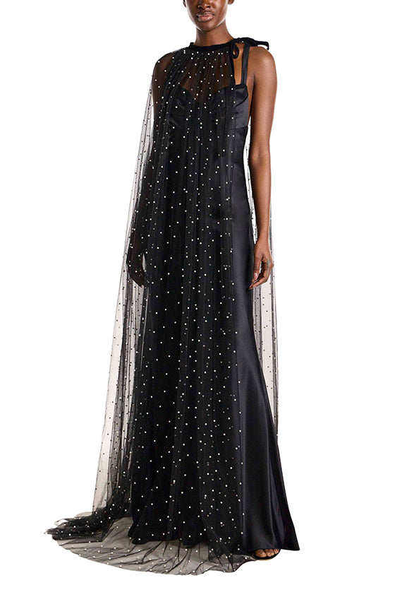 Monique Lhuillier Cowl Neck Sleeveless Satin Gown with Cape