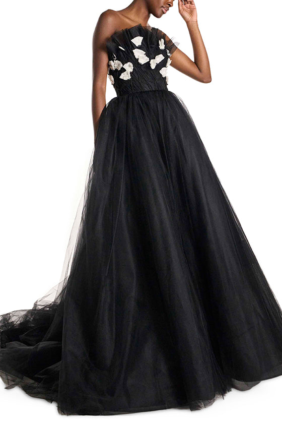 Monique Lhuillier Strapless Embroidered Tulle Ball Gown