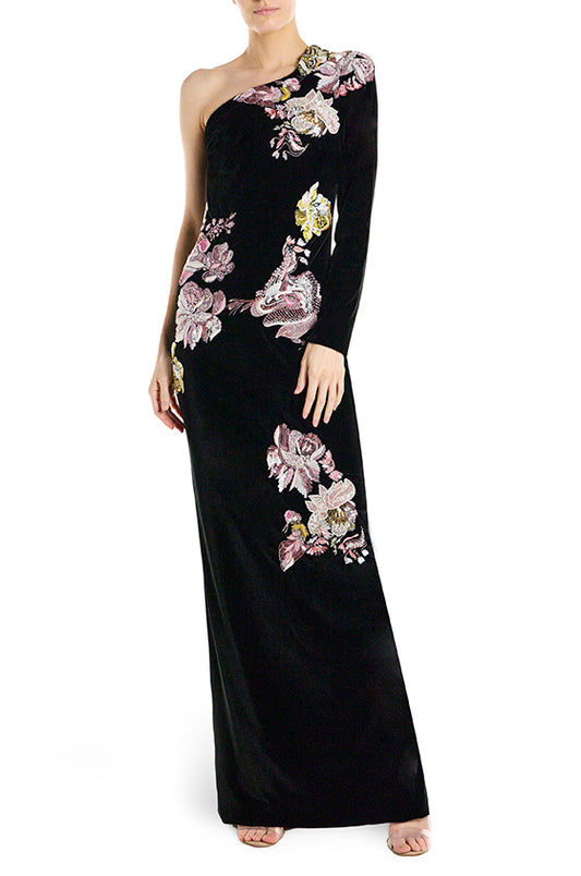 Monique Lhuillier One Shoulder Long Sleeve Column Gown