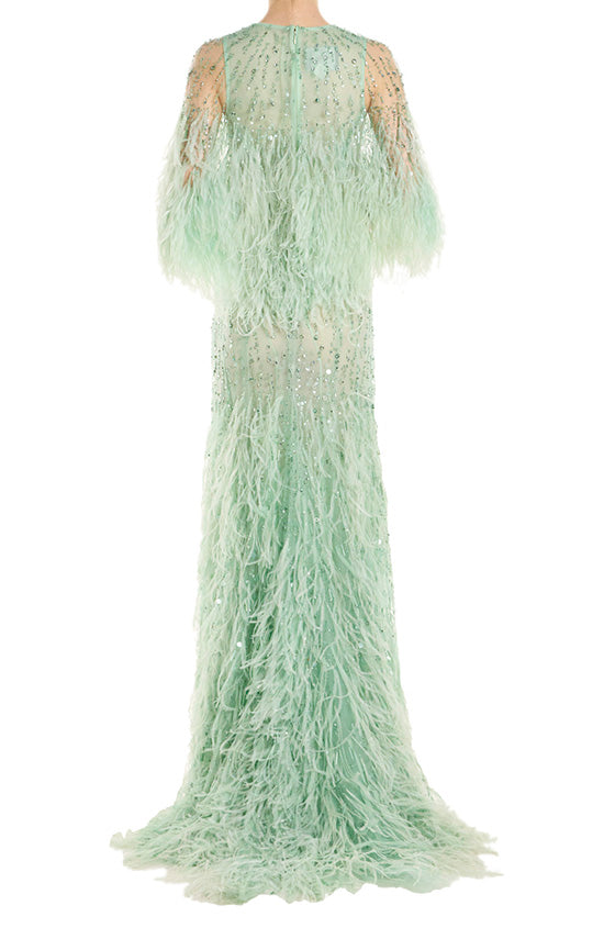 Monique Lhuillier Feather Capelet Evening Gown