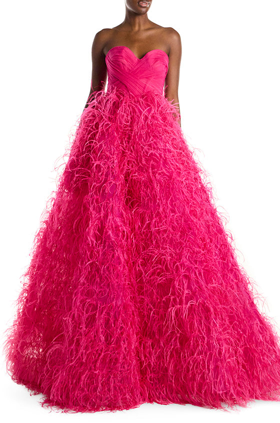 Monique Lhuillier Strapless Draped Feather Ball Gown