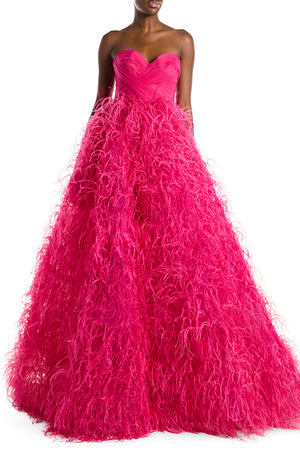 Strapless Draped Feather Ball Gown