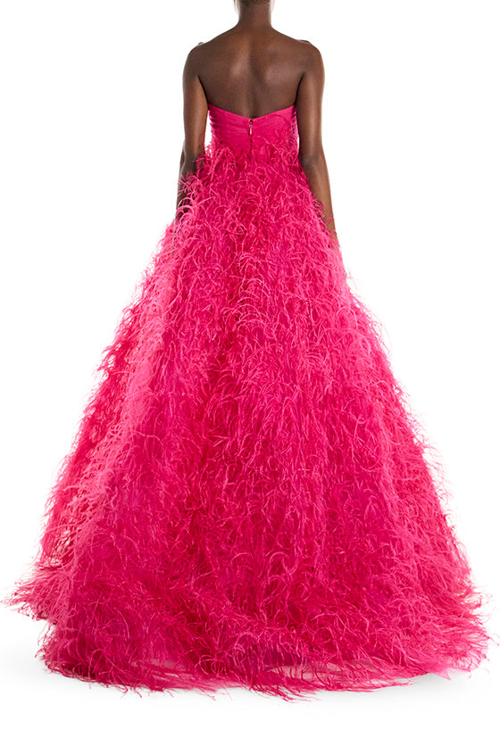 Monique Lhuillier Strapless Draped Feather Ball Gown