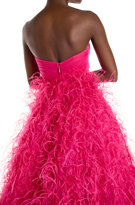 Monique Lhuillier Strapless Draped Feather Ball Gown