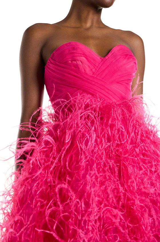 Monique Lhuillier Strapless Draped Feather Ball Gown