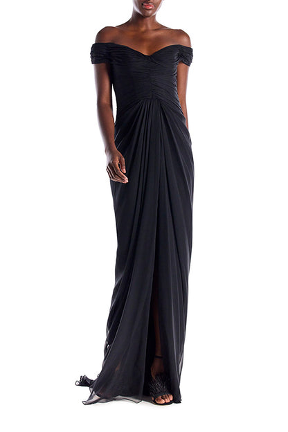 Monique Lhuillier Off the Shoulder Draped Chiffon Gown