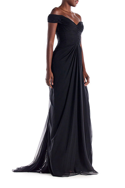 Monique Lhuillier Off the Shoulder Draped Chiffon Gown