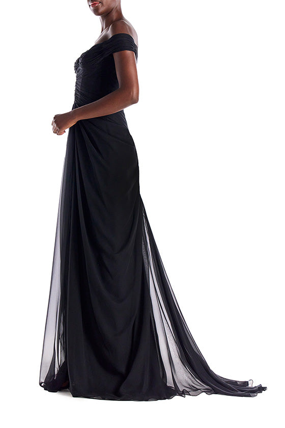 Monique Lhuillier Off the Shoulder Draped Chiffon Gown