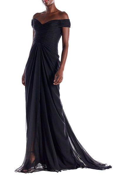 Monique Lhuillier Off the Shoulder Draped Chiffon Gown