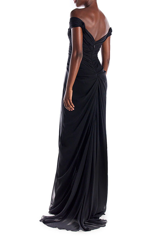 Monique Lhuillier Off the Shoulder Draped Chiffon Gown