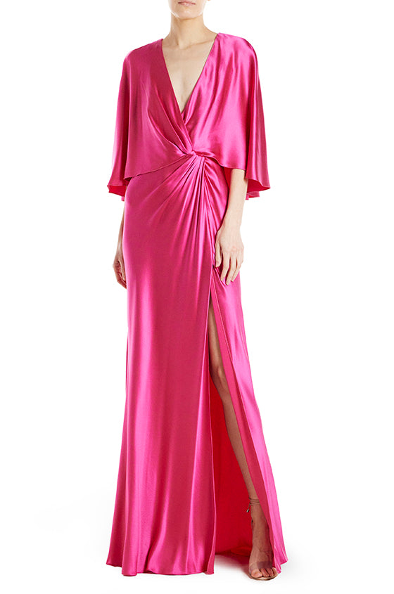 Monique Lhuillier V-Neck Draped Capelet Sleeve Gown