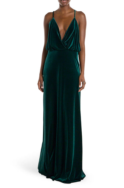 Monique Lhuillier Spaghetti Strap Cowl Neck Velour Gown