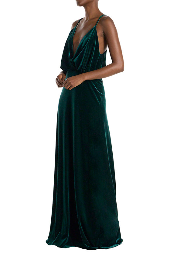 Monique Lhuillier Velour Deep V-Neck Gown, Spruce, Women's, 6, Evening Formal Gala Gowns Mother of The Bride Groom Evening Gowns
