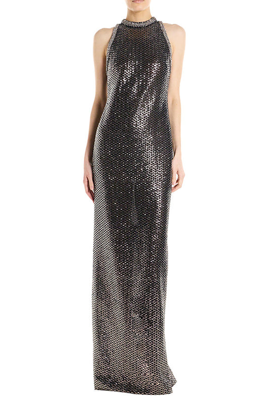 Monique Lhuillier Sleeveless High Jewel Neck Column Gown